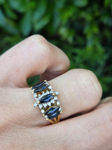 2098: Vintage: 18ct Gold 5 Sapphires Diamonds Half-Hoop Dress Ring- Fabulous