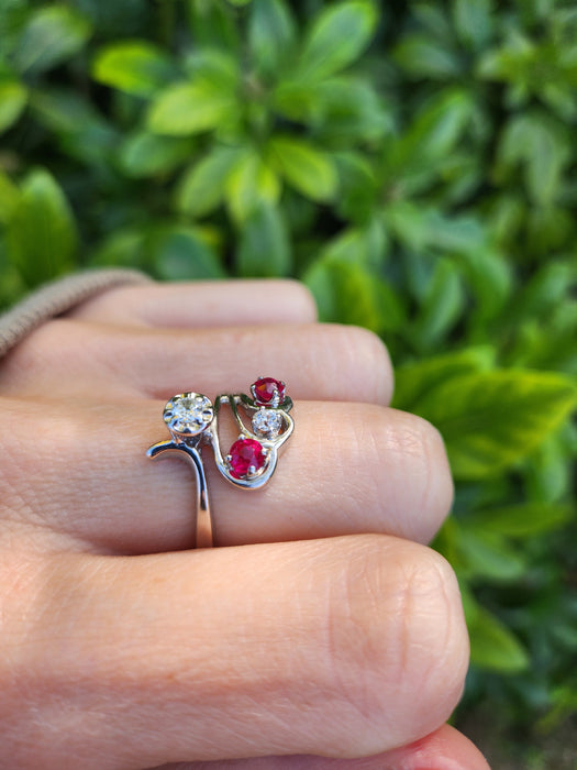 6842 Vintage; 14ct White Gold Rubies Diamonds  Openwork Bypass Dress Ring