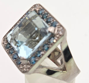 VINTAGE; 14ct White Gold Large Emerald Cut Aquamarine (13.9ct) , Blue Diamonds Statement Cocktail Ring