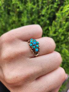 1523: Vintage: 9ct Gold 9 Turquoise Cluster Ring- From Edinburgh 1975