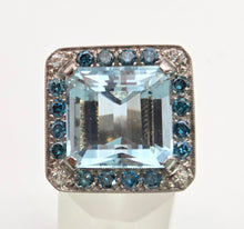 Load image into Gallery viewer, VINTAGE; 14ct White Gold Large Emerald Cut Aquamarine (13.9ct) , Blue Diamonds Statement Cocktail Ring
