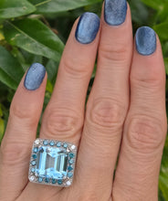 Load image into Gallery viewer, VINTAGE; 14ct White Gold Large Emerald Cut Aquamarine (13.9ct) , Blue Diamonds Statement Cocktail Ring
