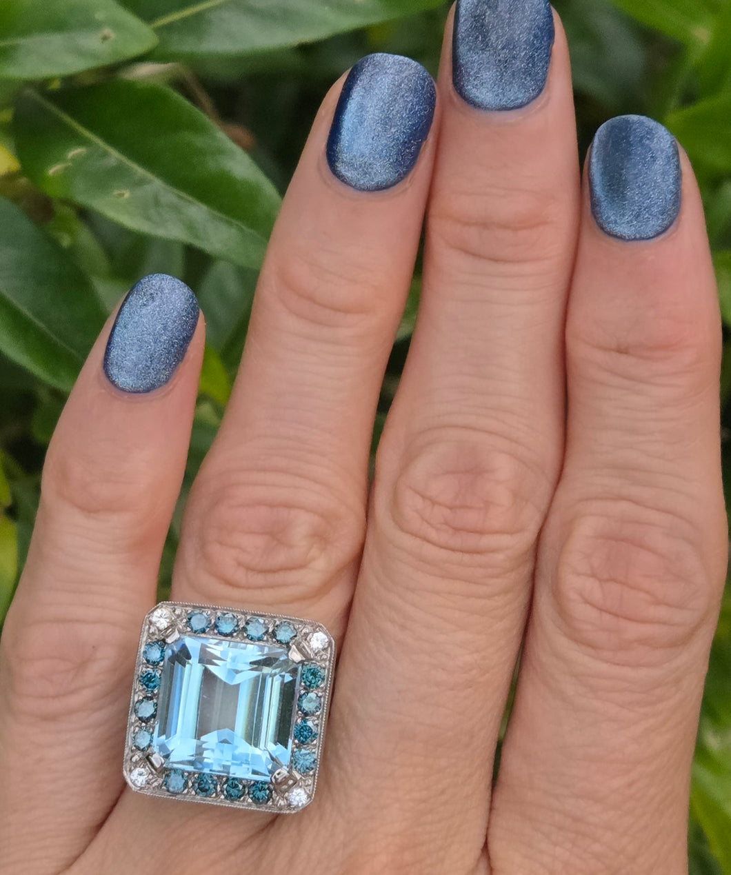 2346 Vintage 14ct White Gold Large Emerald Cut Aquamarine (13.9ct) , Blue Diamonds Statement Cocktail Ring