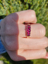Cargar imagen en el visor de la galería, 1173: Vintage: Rare - 9ct Gold 5-Stone Rubies Scroll Set Ring
