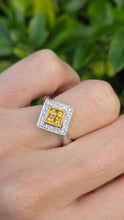 Load image into Gallery viewer, Vintage: 18ct White Gold Yellow Sapphires Diamonds Geometric Set Ring
