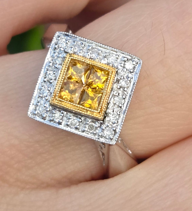 2286 Vintage: 18ct White Gold Yellow Sapphires Diamonds Geometric Set Ring