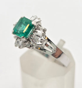 Vintage: Platinum Emerald Cut Emerald Diamonds Cocktail Cluster Ring