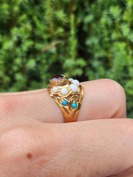 1472: Antique: 22ct Gold Mult-Gem "Bombe" Ring- Moonstones, Turquoise, Ruby- Wonderful