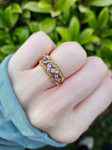 0340: Vintage: 9ct Gold Amethysts Citrines Openwork Band- lovely combination