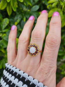 0761: Vintage (1960's): 9ct Gold White Opal Garnets Cluster Ring - beautifully paired.