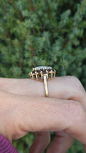 Cargar imagen en el visor de la galería, Vintage: Classic 9ct Gold White Opal 14 Red Garnets Flower Head Ring
