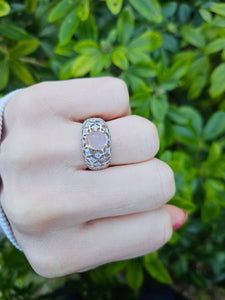 0649: Vintage: 9ct Gold Pale Blue Moonstone 32 Diamonds Dress Ring- lovely combination,