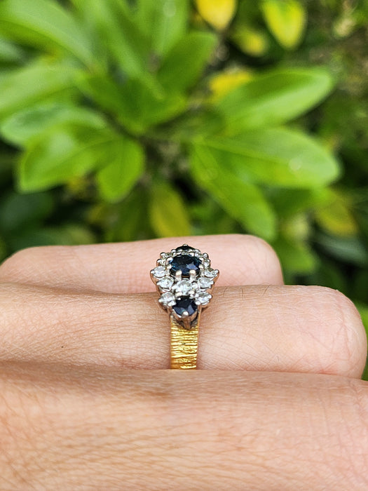 1802: Vintage: 18ct Gold French Blue Sapphirea Diamonds Trilogy Ring - a substantial sparkling beauty.