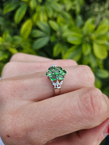 1247: Vintage: 9ct White Gold 7 Emeralds 6 Diamonds Geometric Cluster Ring- eye candy