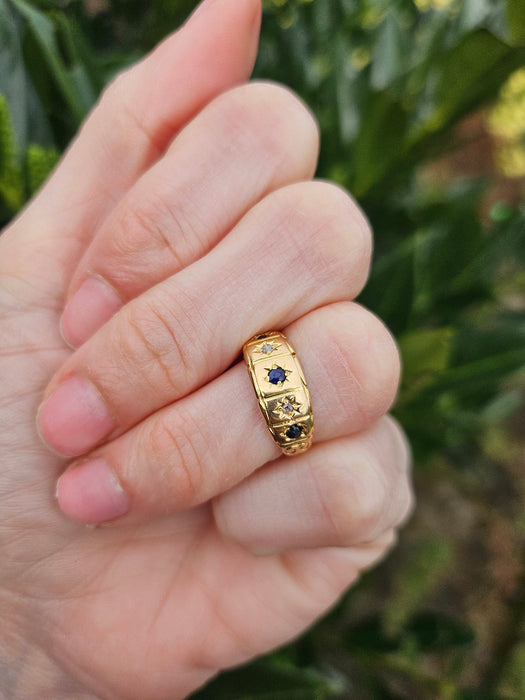 6511 Antique: Victorian 18ct Yellow Gold Sapphire & Rose Cut Diamond Five-Stone Half Hoop Ring