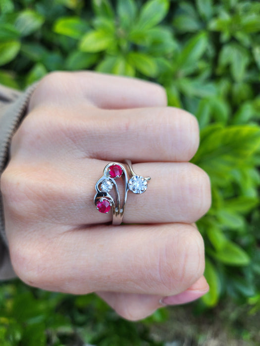 6842 Vintage; 14ct White Gold Rubies Diamonds  Openwork Bypass Dress Ring