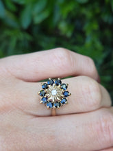 Load image into Gallery viewer, 2121: Vintage: 9ct Gold Diamond Blue Sapphires Diamonds Flower Head Ring- from 1980
