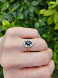 0752: Vintage: 18ct Gold French Blue Sapphire 12 Diamonds Diana Style Cluster Ring- Luscious