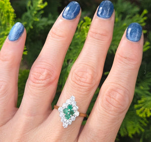 2318: Vintage: 18ct Gold Emeralds Diamonds Marquise Set Art Deco Style Ring- From 1977