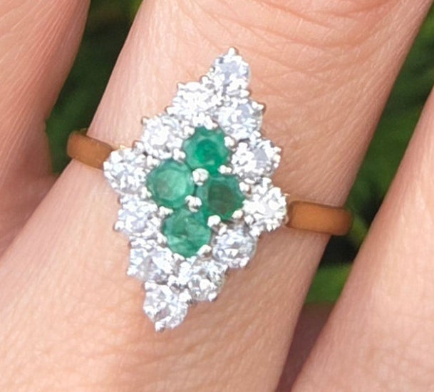 2318: Vintage: 18ct Gold Emeralds Diamonds Marquise Set Art Deco Style Ring- From 1977