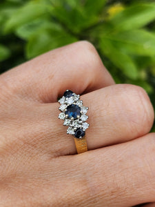 1802: Vintage: 18ct Gold French Blue Sapphirea Diamonds Trilogy Ring - a substantial sparkling beauty.