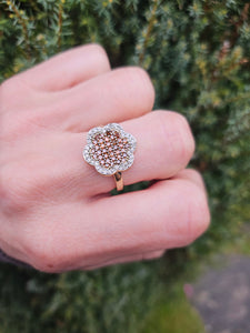 1348: Vintage: 9ct Gold 72 Champagne & White Diamonds (1ct) Flower Head Ring- irresistible