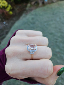 0648: Vintage: 14ct Rose Gold Emerald Cut Pink Morganite Diamonds Ring- exquisite