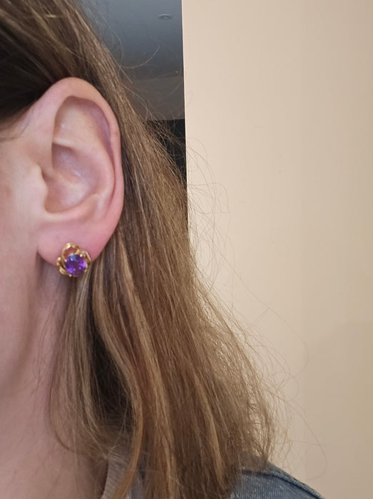 1196: Vintage: 18ct Gold Deep Purple Amethyst Diamond Earrings - LUSH