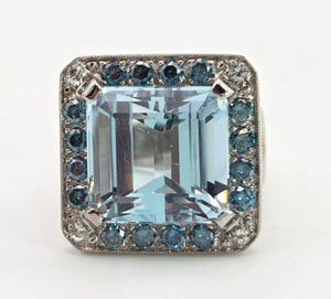 VINTAGE; 14ct White Gold Large Emerald Cut Aquamarine (13.9ct) , Blue Diamonds Statement Cocktail Ring