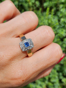 1945: Vintage: 9crt Gold Art Deco Style Geometric Set Sapphires & Diamonds Statement Ring- lovely example