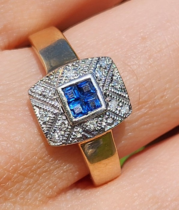 1945: Vintage: 9crt Gold Art Deco Style Geometric Set Sapphires & Diamonds Statement Ring- lovely example
