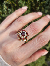 Cargar imagen en el visor de la galería, 1421: Vintage: Large 9ct Gold Garnet Seed Pearls Cocktail Ring- Date- Mark 1963

