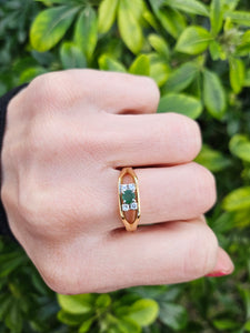 0927:Vintage: Geometric Set 18ct Gold Emerald Diamonds Dress Ring- Date- Mark 1970