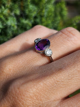 Load image into Gallery viewer, 1955: Vintage: Platinum Amethyst (1.64ct) Diamonds (0.5ct) 3-Stone Straight Ring- an absolute beauty.
