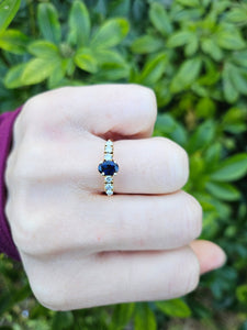 0541: Vintage: 18ct Gold Blue Sapphire Diamonds Dress Ring- Date Mark 1982