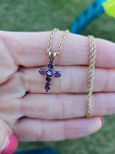 0817: Vintage: 9ct Gold Necklace (40cm) Amethysts Diamond Cross Pendant- exquisite