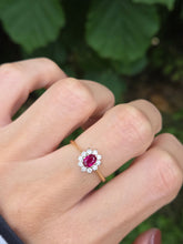Cargar imagen en el visor de la galería, 1959: Vintage: 18ct Gold Pidgeon Blood Ruby Natural Diamonds (0.25ct) Cluster Ring- exudes quality
