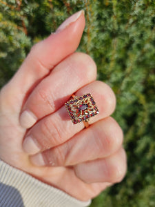 1142: Vintage: 9ct Gol Art Deco Style Garnets Geometric Set Ring- Date- Mark 1972
