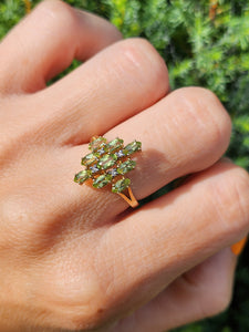6156: Vintage: 9ct Gold Peridots Diamonds Cocktail Cluster Ring - geometric beauty