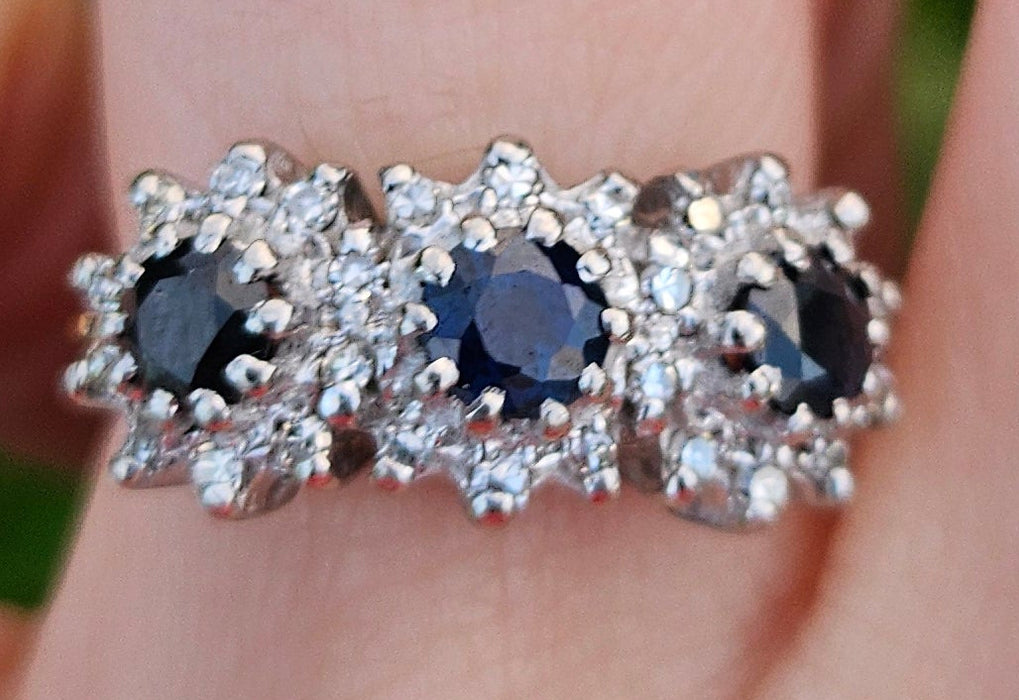 6301 Vintage: 18ct Gold French Blue Sapphires 26 Diamonds Cocktail Ring- Date Mark 1971