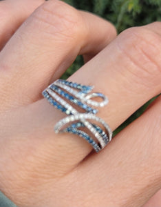 1795 14ct White Gold Blue & White Natural Diamonds Crossover Ring