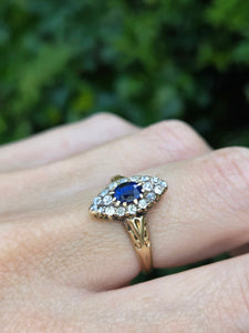 2139: Vintage; 18ct Gold Art Deco Marquise Sapphire Diamonds Cluster Ring
