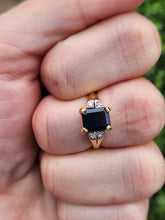 Load image into Gallery viewer, 6112: Vintage: 18ct Gold Emerald Cut Royal Blue Sapphire Diamonds Dress Ring- lovely symmetry
