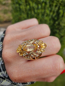 0404: Vintage: Statement 9ct Gold Marquise Cut Yellow Citrine 14 Diamonds Openwork Ring