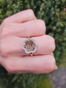 1348: Vintage: 9ct Gold 72 Champagne & White Diamonds (1ct) Flower Head Ring- irresistible