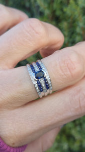 Vintage: Art Deco Style 9ct White Gold Blue Sapphires Natural Diamonds Ring