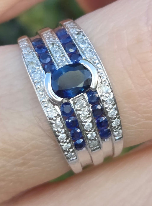 6462 Vintage: Art Deco Style 9ct White Gold Blue Sapphires Natural Diamonds Ring