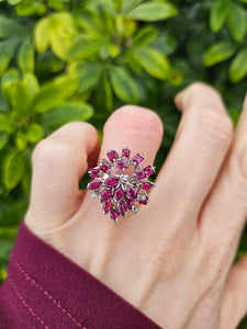 0127: Vintage: 18ct White Gold Pink Rubies Diamonds Spray Cluster Ring