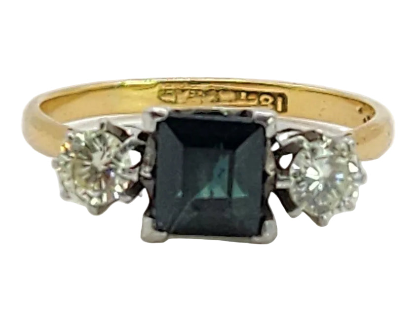 1598 Vintage: 18ct Yellow Gold & Platinum Sapphire & Diamond Three Stone Ring