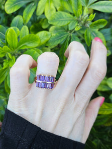 0358: Vintage: Rare 9ct Gold 10 Emerald Cut Amethysts Cocktail Ring - statement, nice weight